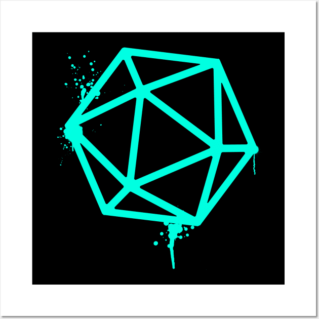 D20 Dice Neon Blue Green Tabletop RPG Gaming Wall Art by pixeptional